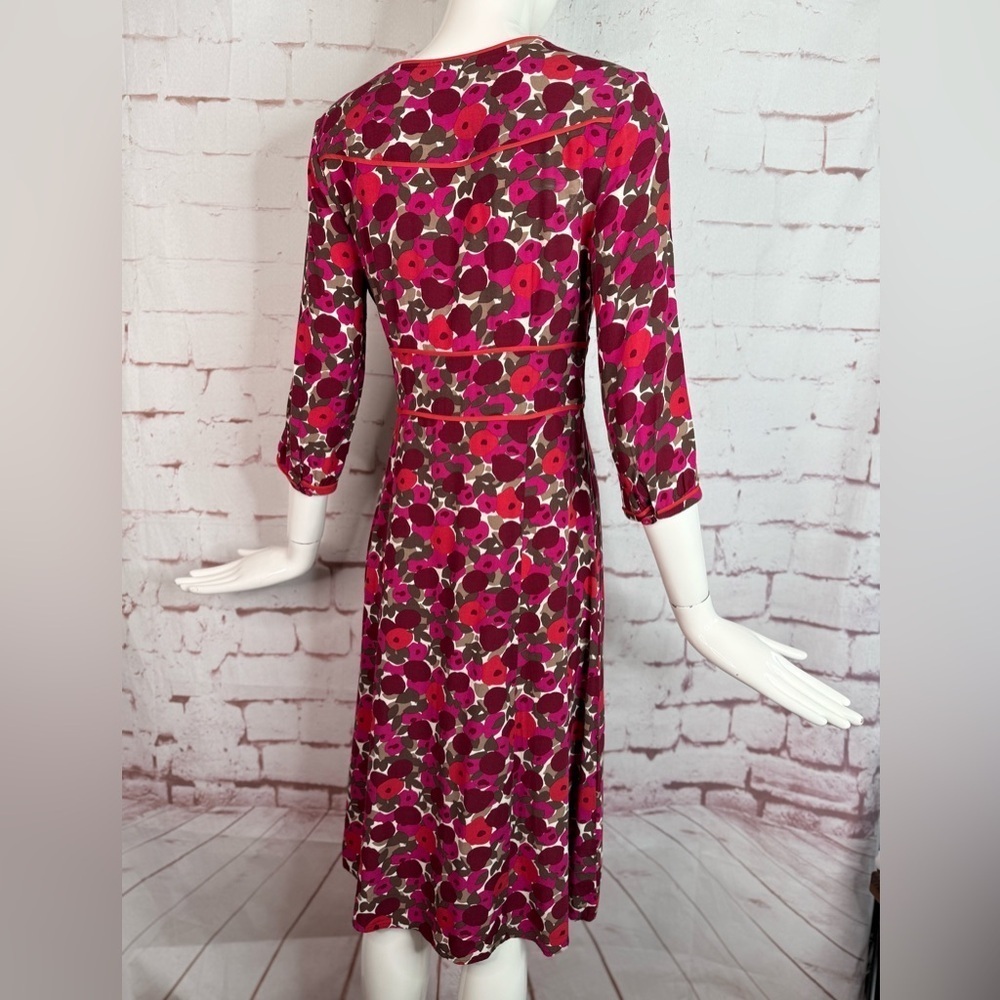 VTG BODEN Mod Floral Print Reds Oranges Tan Faux Wrap 3/4” Sleeve Dress Size 10L - Picture 4 of 15